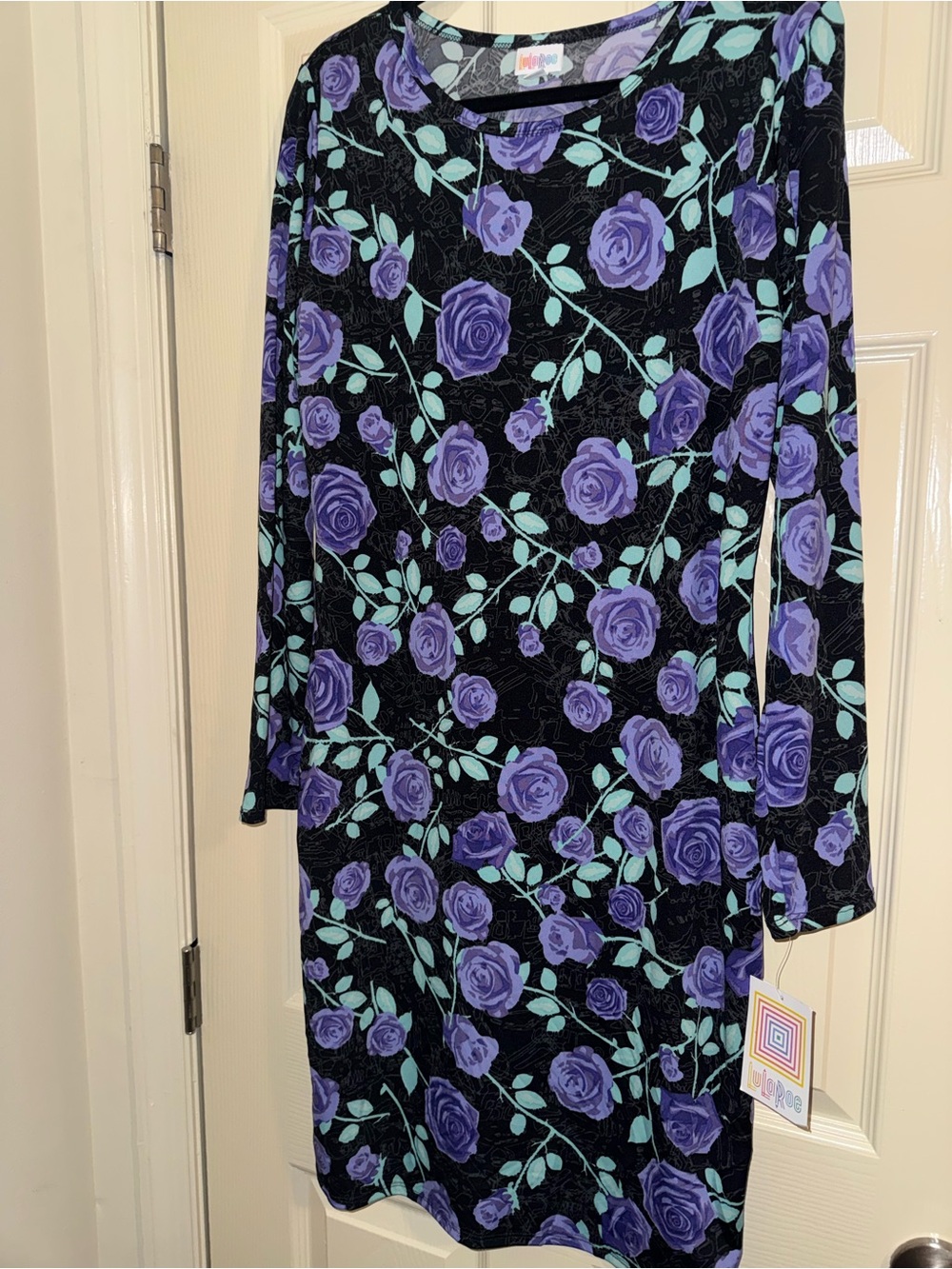 LuLaRoe Black Dress with Purple Rose and Mint Leaf Print